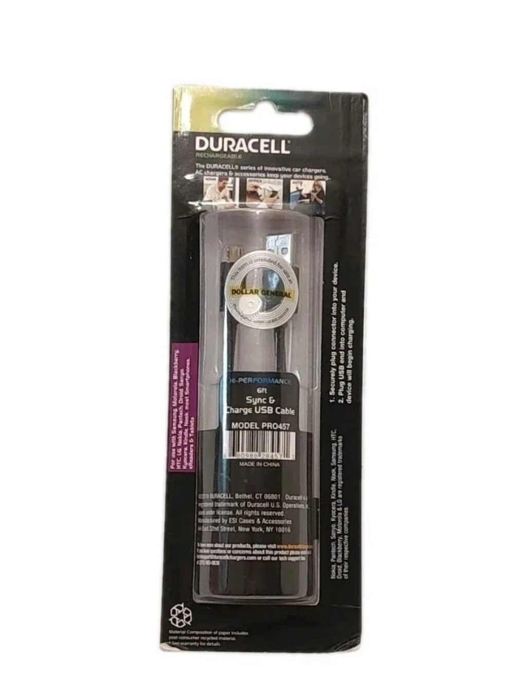 Duracell 6ft Micro USB Cable Phone Device Charger Sync Braided Cord Black New